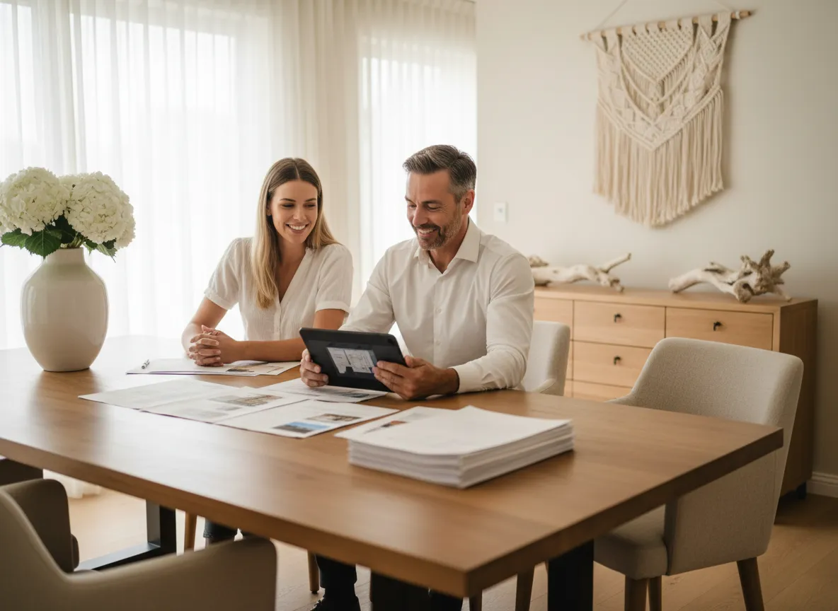 Real estate agent meeting with clients at a modern table with warm neutral tones