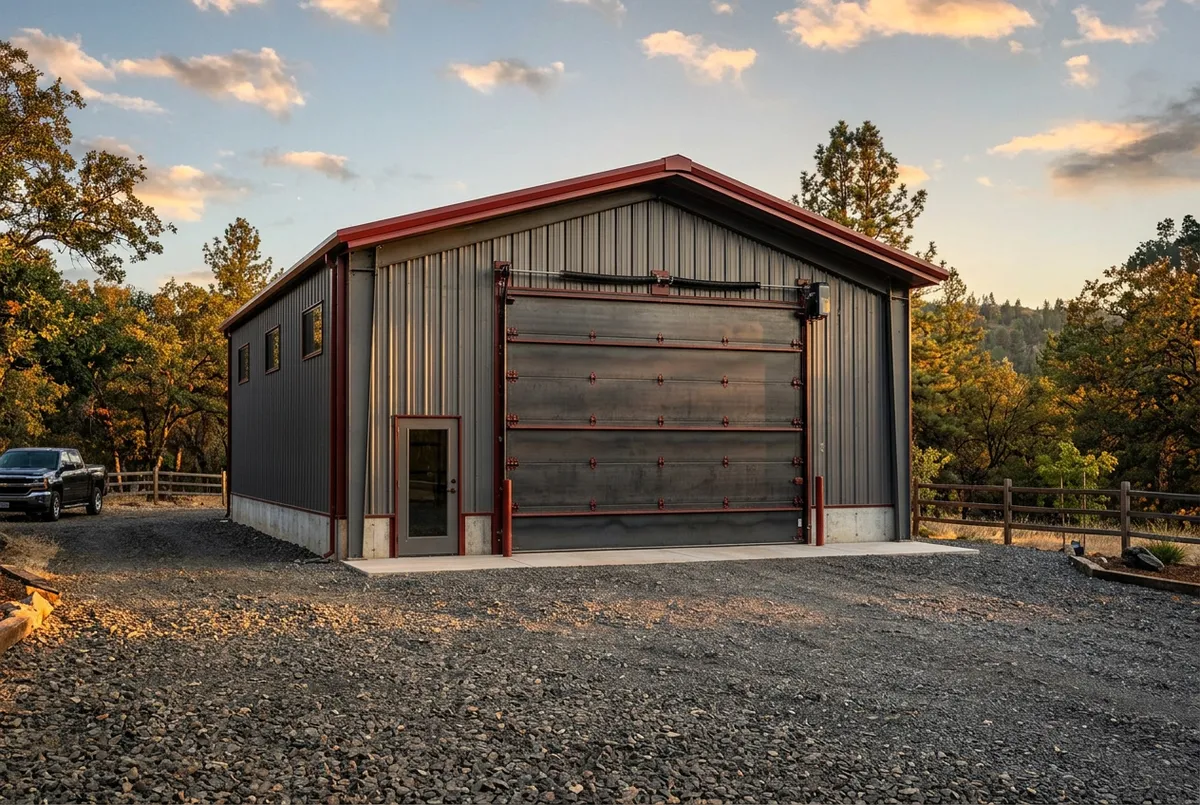 Heavy-duty steel garage building with industrial roll-up door