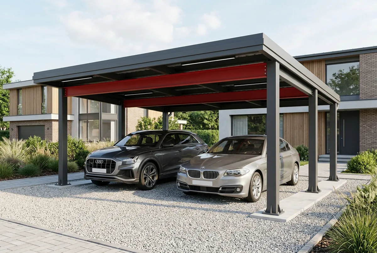 Heavy-duty commercial steel carport structure with dual vehicle capacity