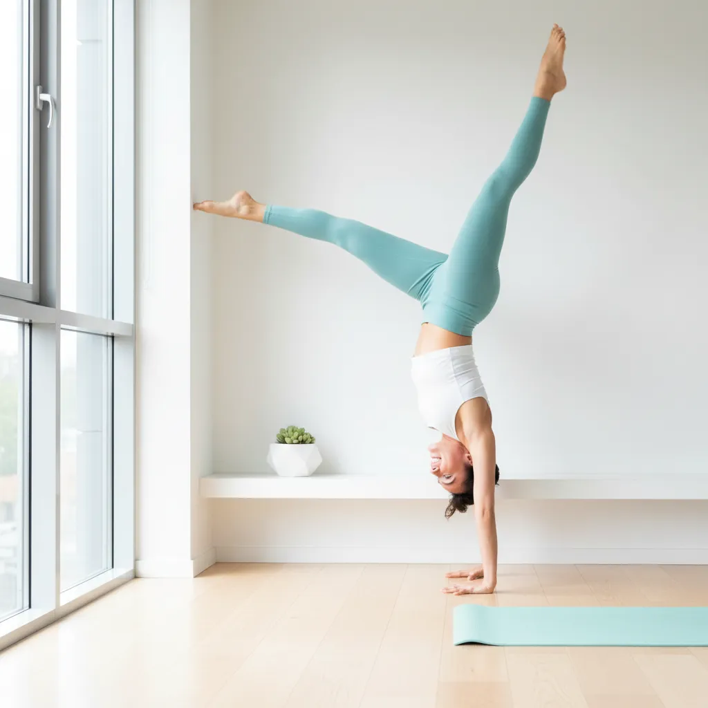 Person practicing a handstand with playful modern fitness style