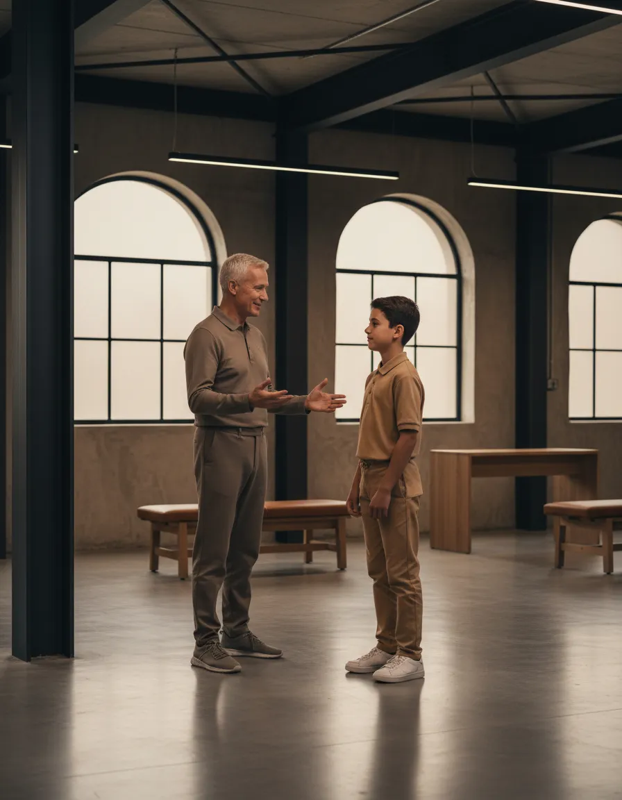 A calm, professional coaching moment at Horizon Wellbeing, showing a mentor speaking encouragingly to a young student