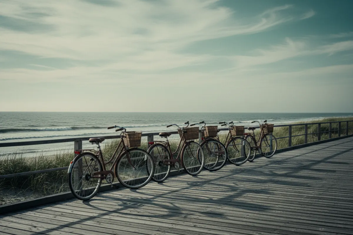 Vintage-style photo of bicycles lined on a beachside boardwalk, warm tones and nostalgic film grain, reinforcing coastal activities.
