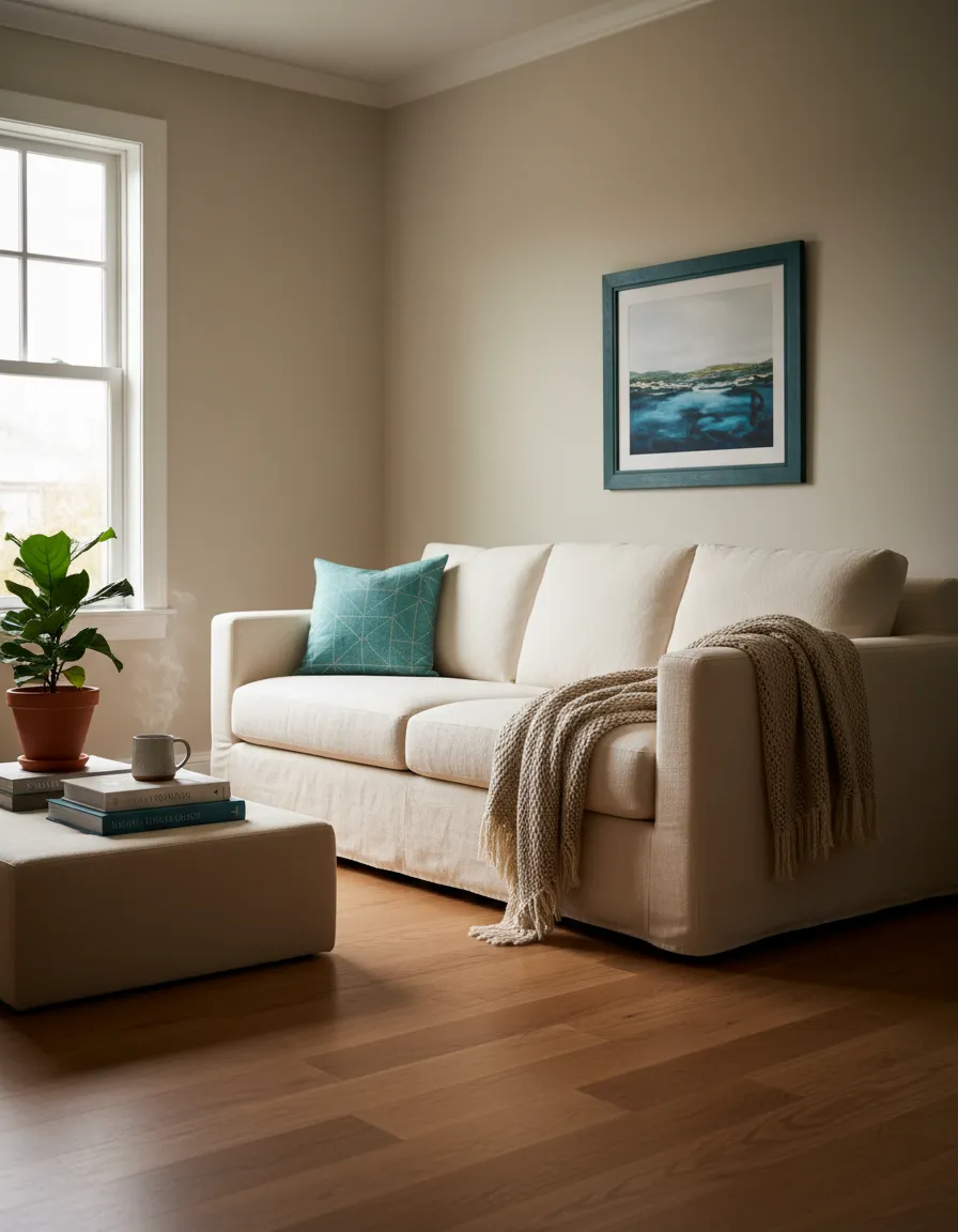 A quiet, well-maintained living room representing an inherited property