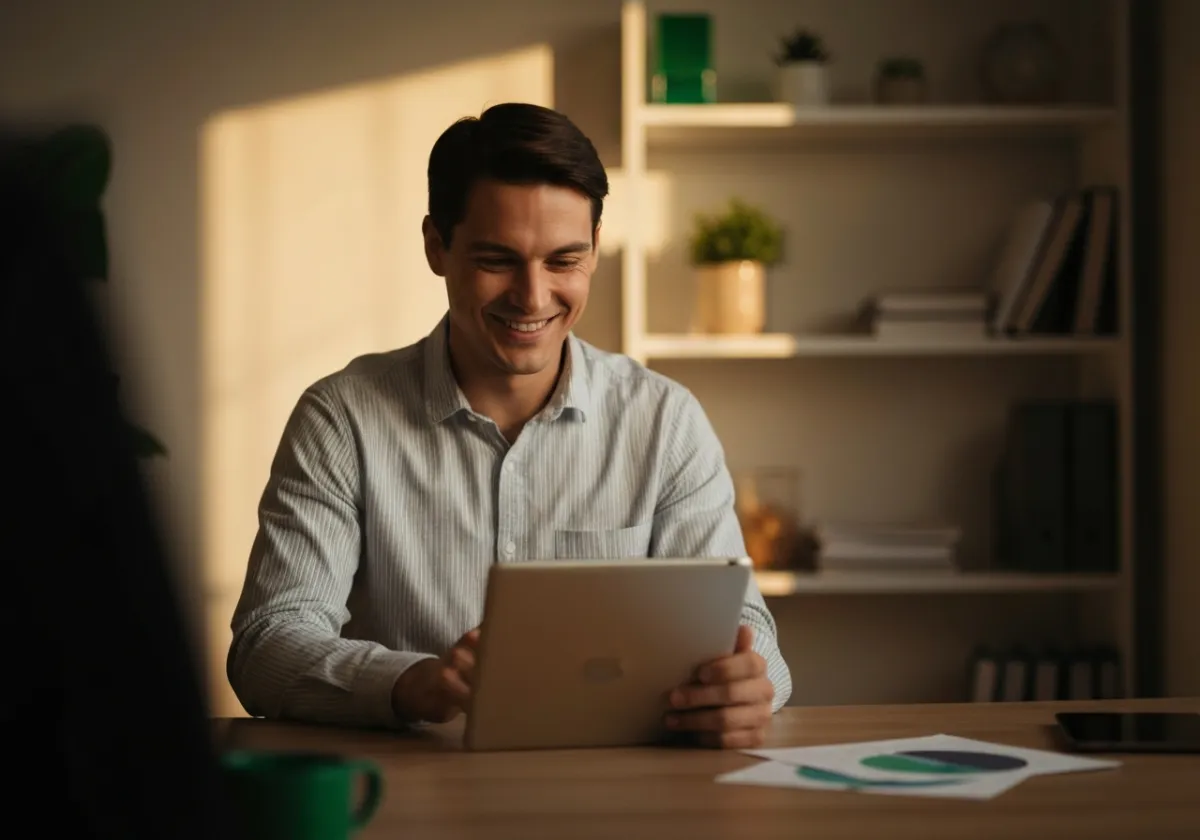 Business owner smiling while checking campaign results on tablet