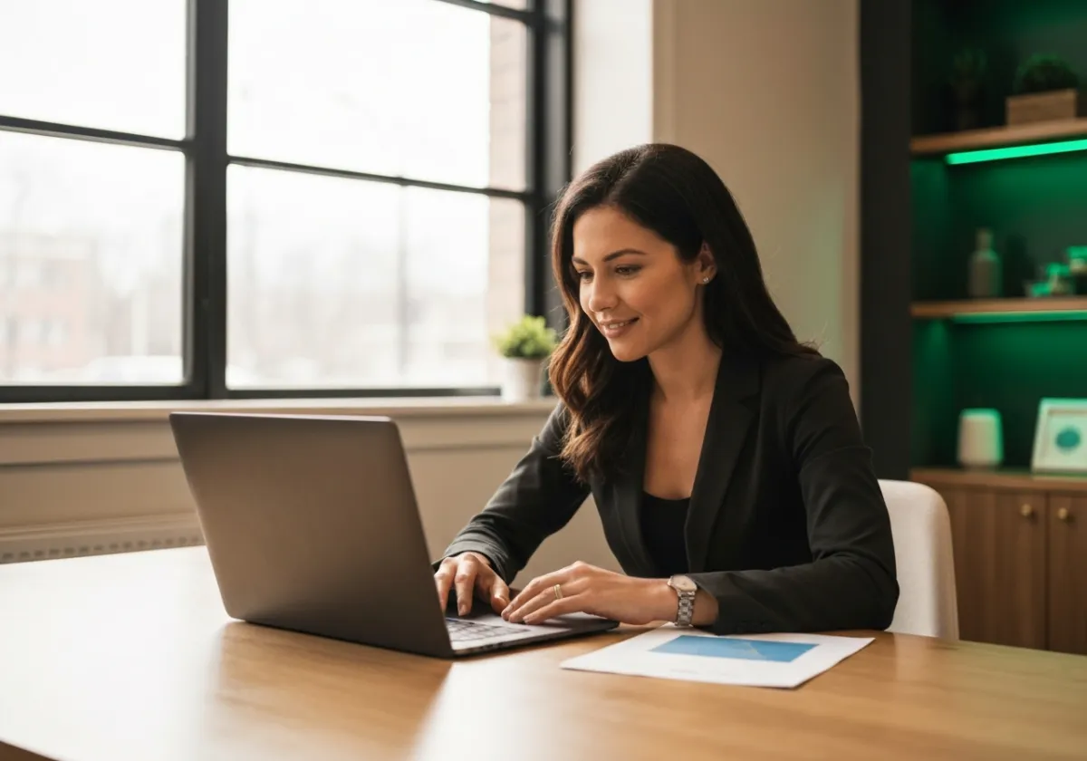 Small business owner looking at analytics on a laptop