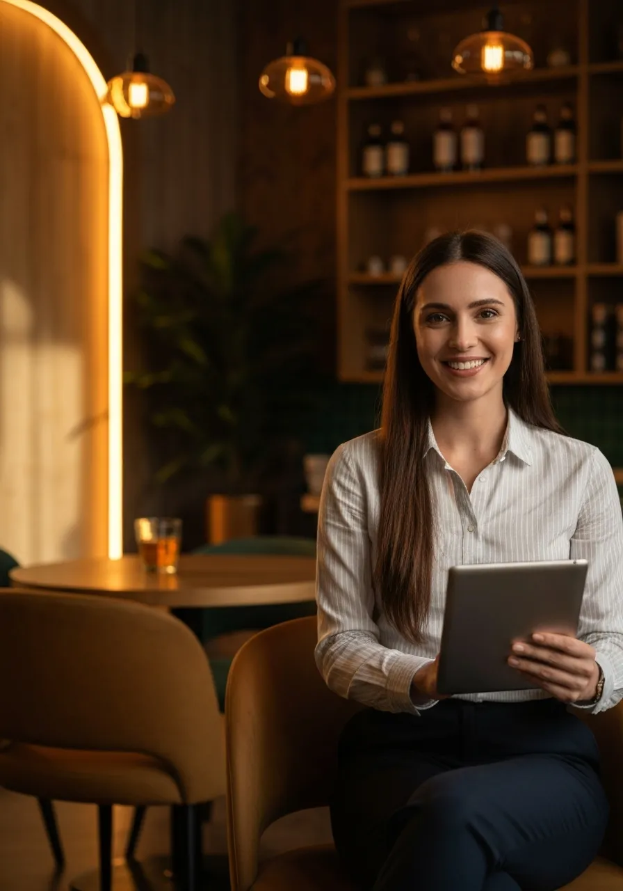 Smiling business owner in a warm-toned environment