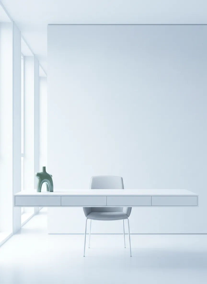 High-key subtly desaturated modern professional workspace