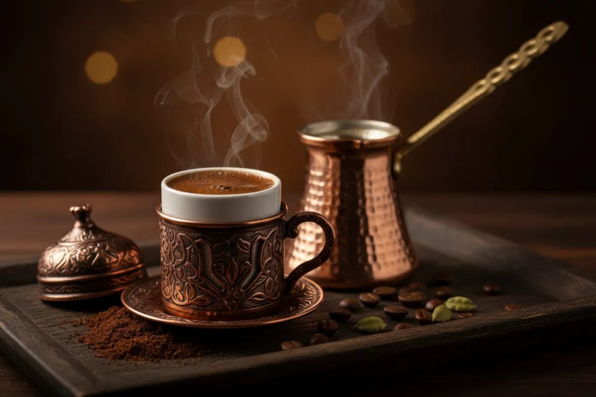 Premium Turkish coffee, intimate moody close-up
