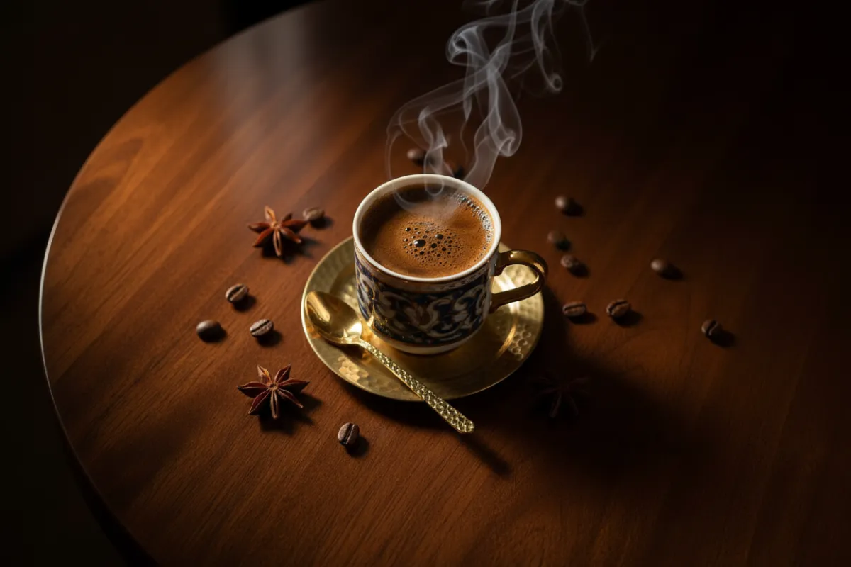 Premium Turkish coffee detail, intimate and moody