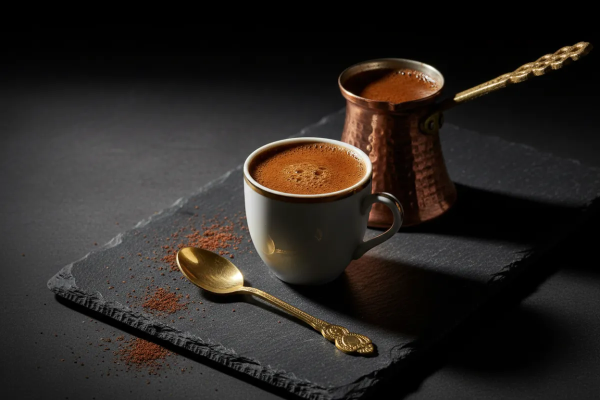Premium Turkish coffee, small cup on saucer