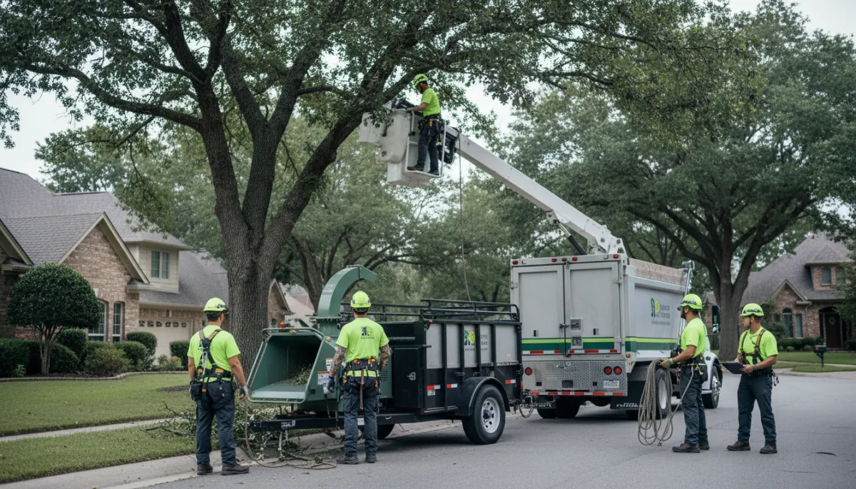 Professional tree care crew working safely with modern equipment