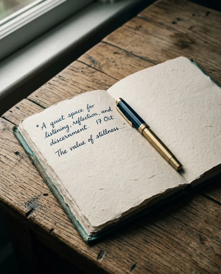 Journal and pen on a rustic oak table for thoughtful reflection
