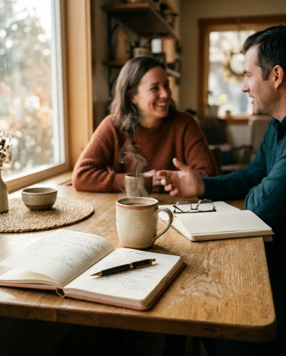 Cozy table conversation with open notebooks and warm lighting