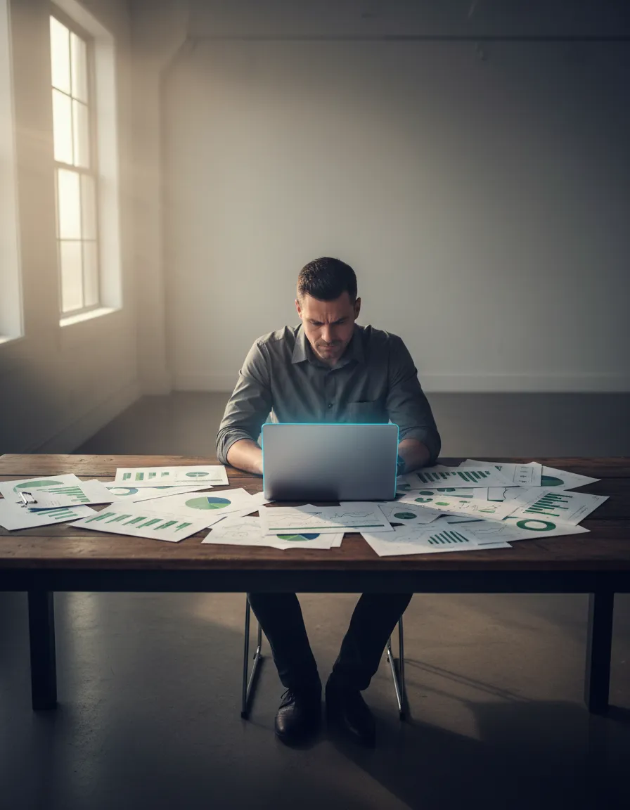 Stressed business owner looking at complicated reports