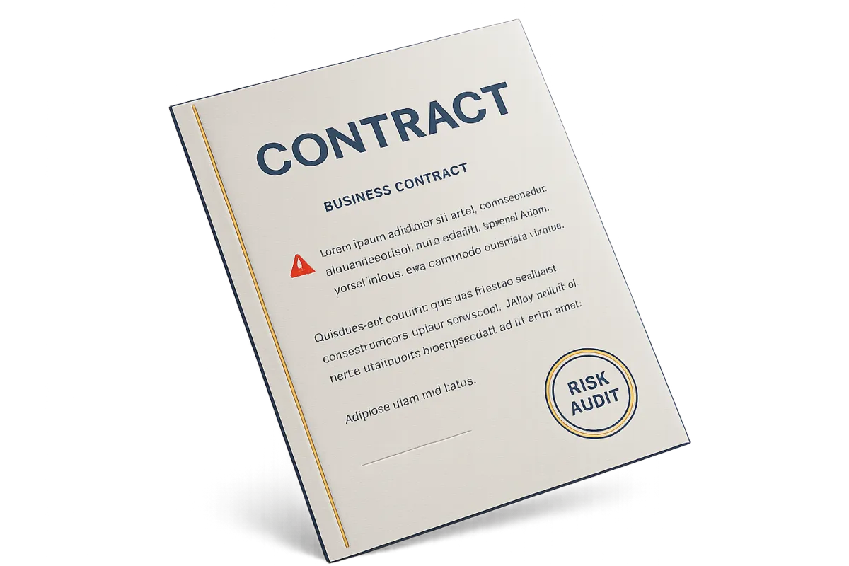 Exposed legal document with warning indicator and risk audit markers