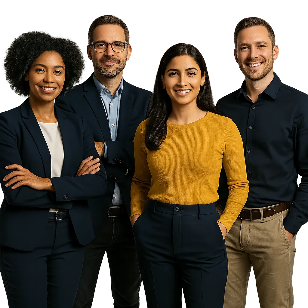 Diverse small business leadership and employee team collaborating in a modern office