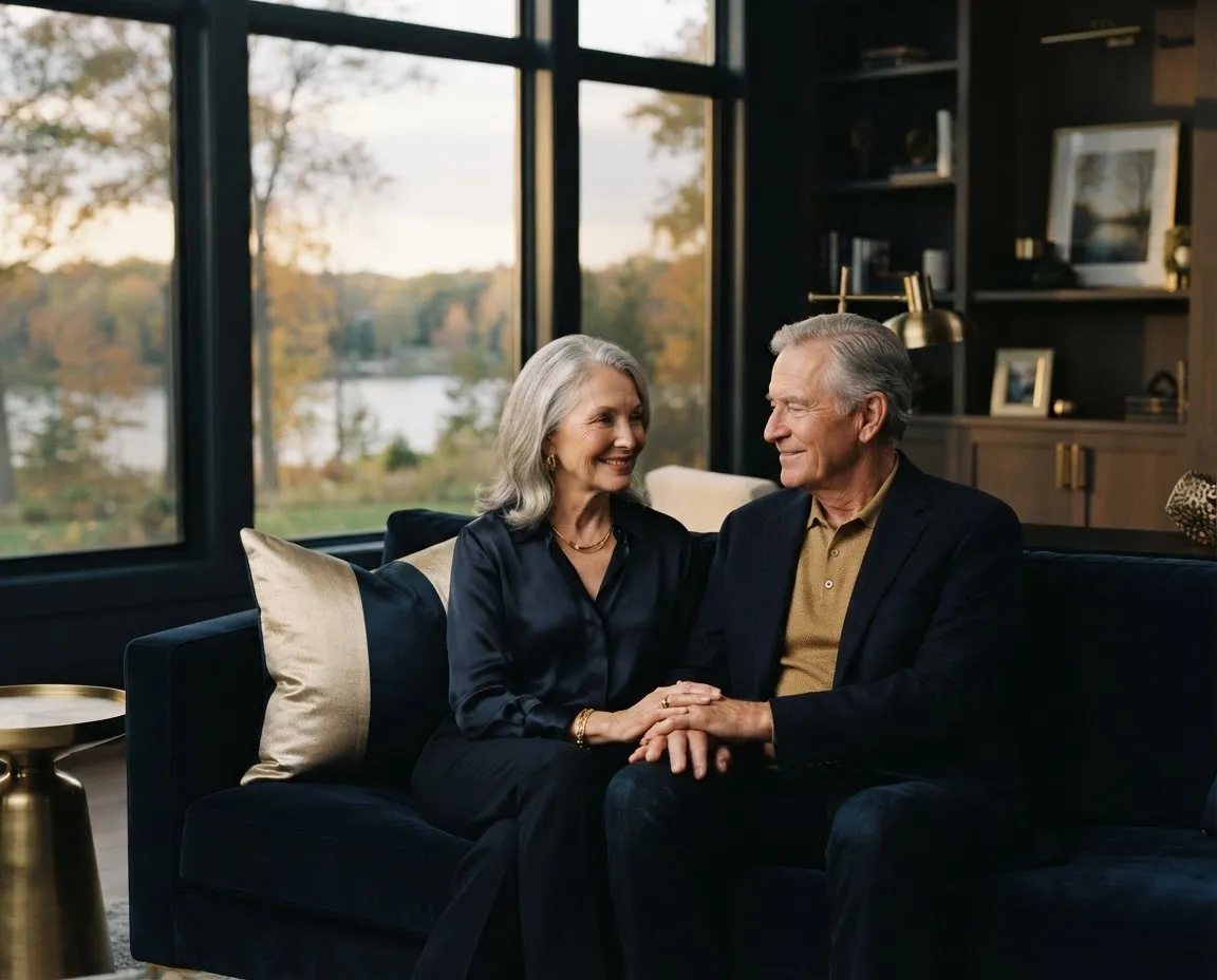 A relaxed senior couple enjoying financial freedom in an elegant architectural residence
