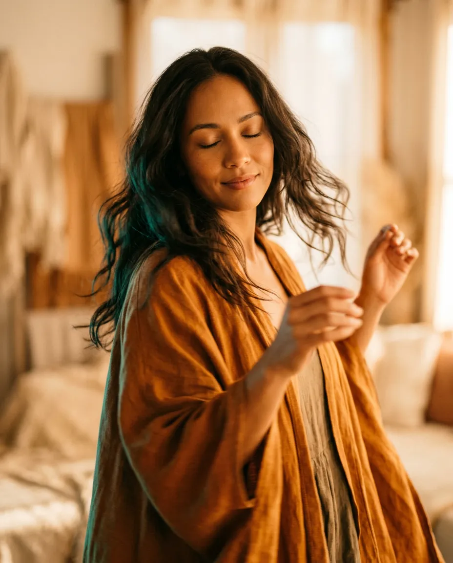 Soulful woman moving freely with eyes closed in warm golden sunlight and soft motion blur