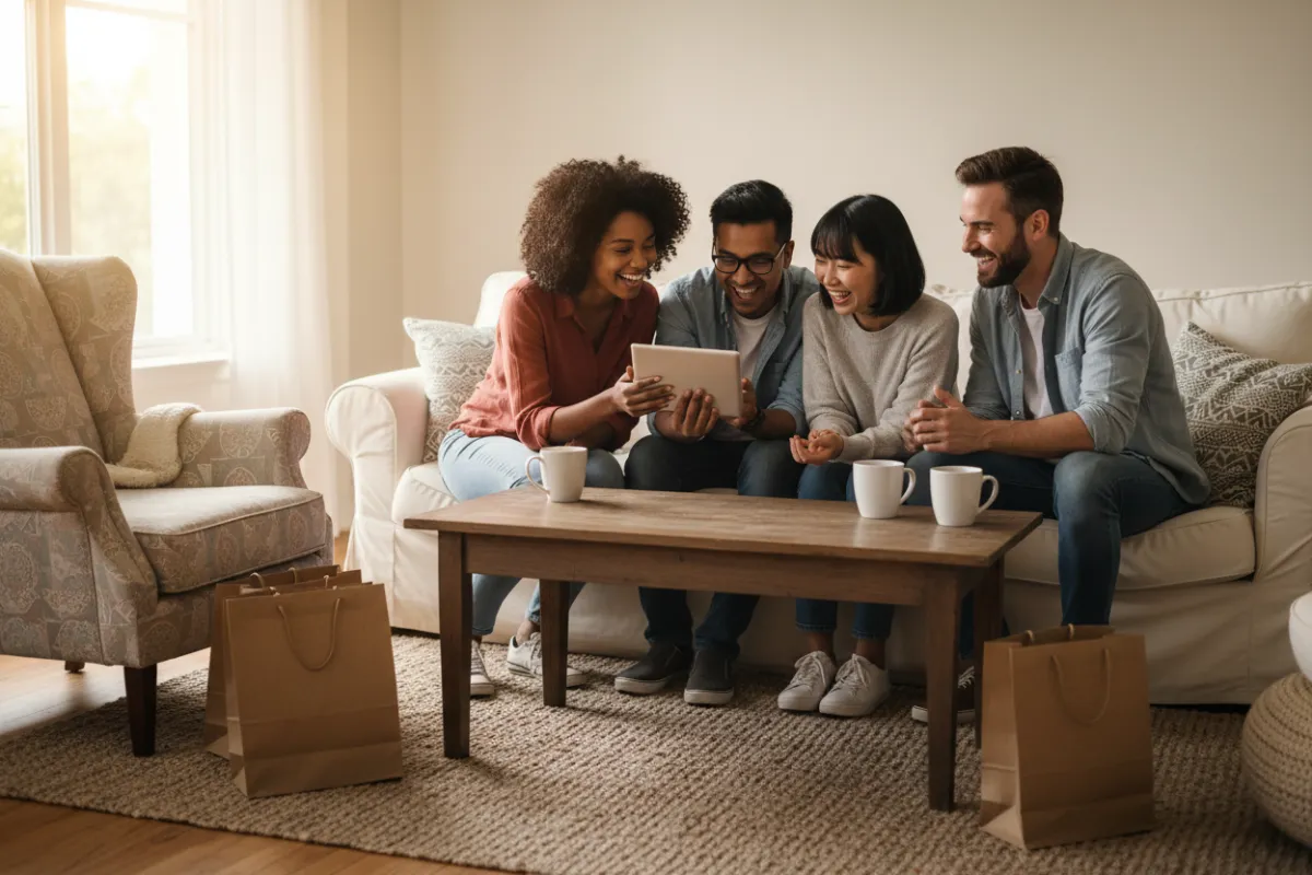 A diverse group of friends gathered in a cozy living room, laughing and browsing deals on a tablet together. The scene is warm and inviting, with shopping bags and coffee mugs on a wooden table, and soft natural light.