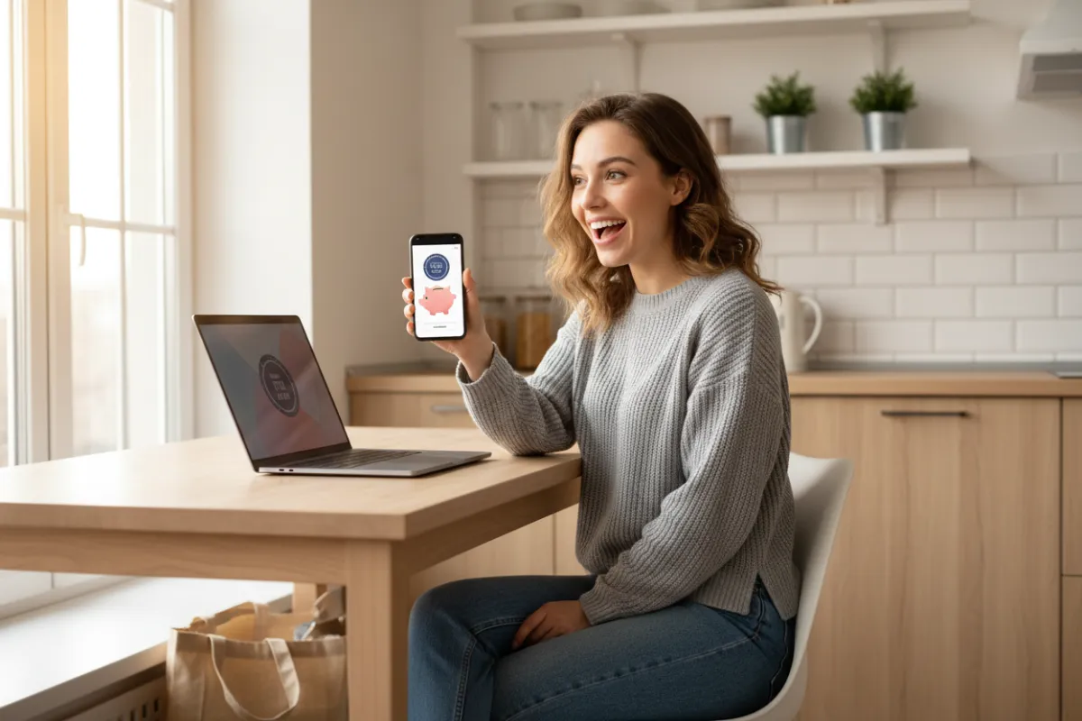 A cheerful young woman in casual clothes sits at a kitchen table, laptop open, holding a smartphone displaying a Save Club deal. Sunlight streams through a window, highlighting her delighted expression. The background features a tidy, modern kitchen with plants and shopping bags.