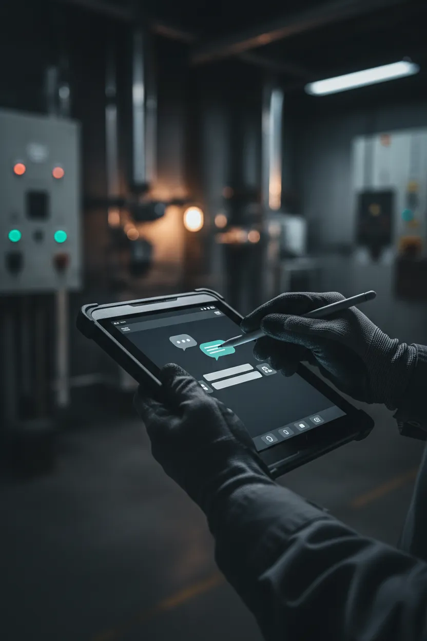 Technician using a tablet to log chat-based service requests