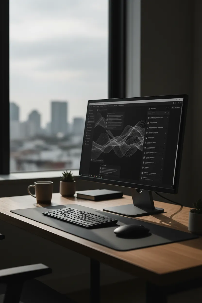 Office workstation with CRM open showing anonymised chat records
