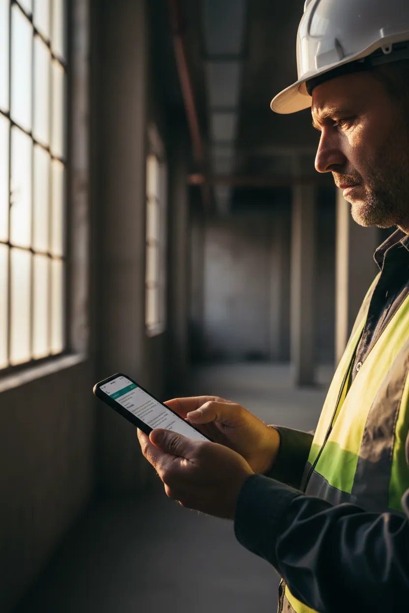 Site manager checking an emailed chat transcript on a phone
