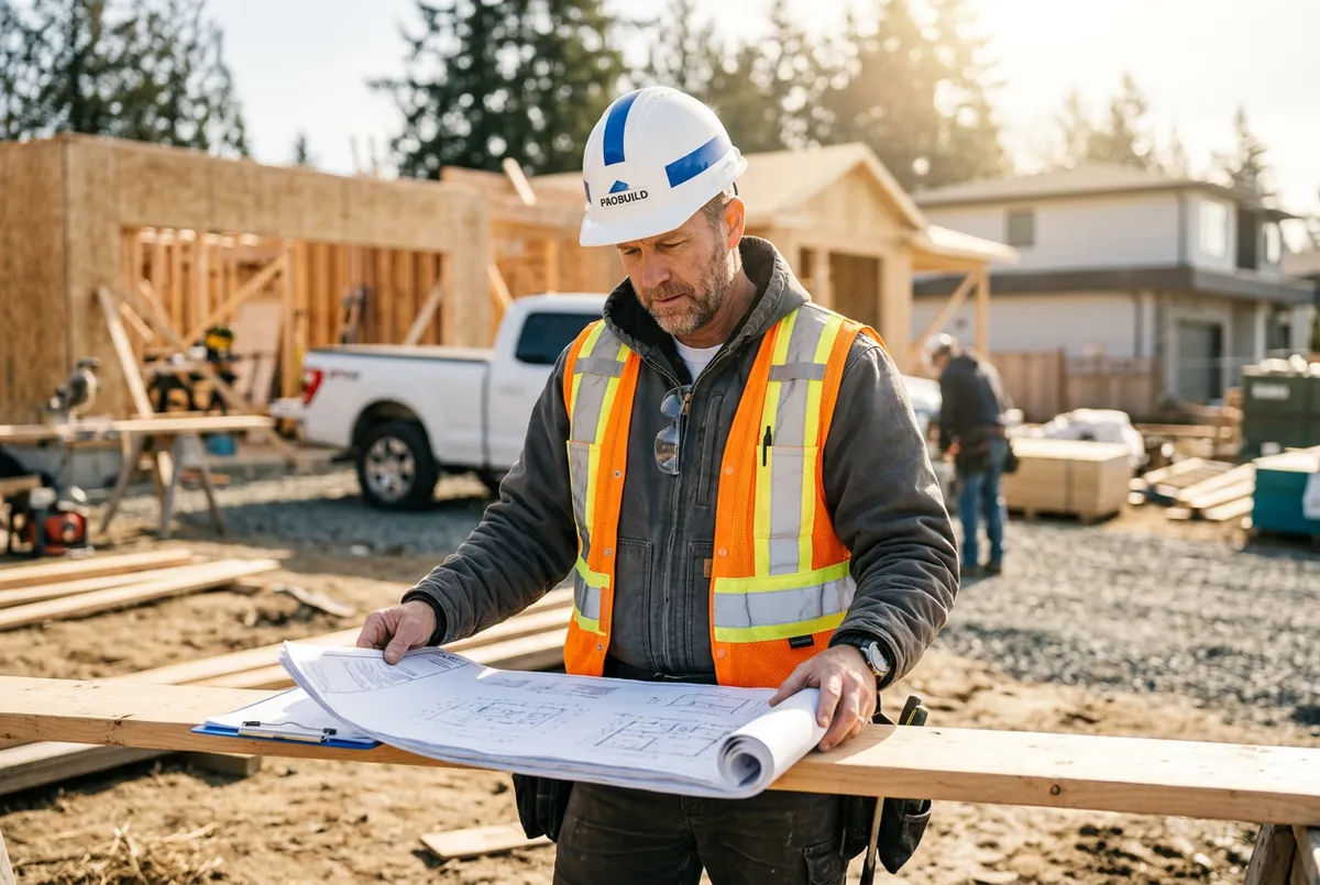 General contractor reviewing blueprints at a Chelmsford residential project