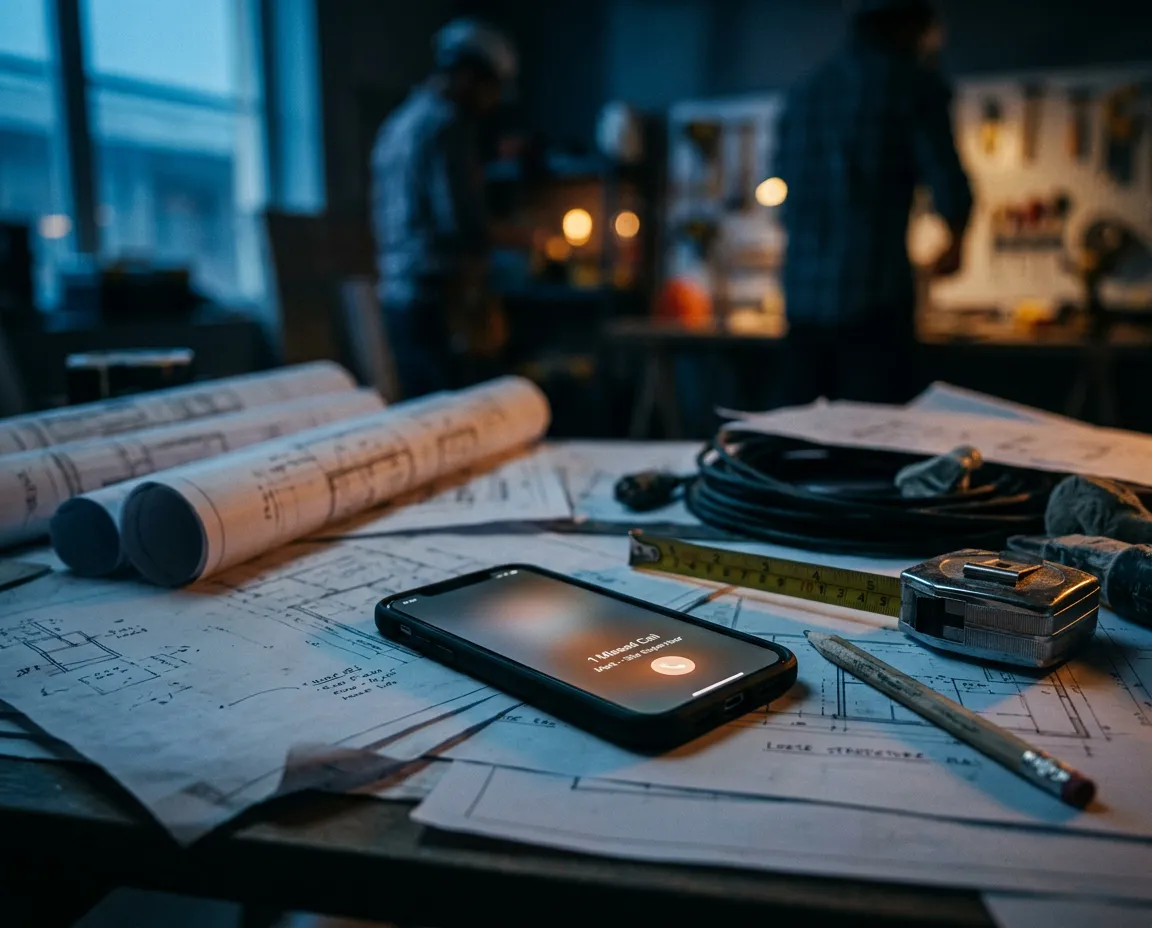A smartphone resting unattended on an active contractor blueprint desk displaying a missed customer call notification