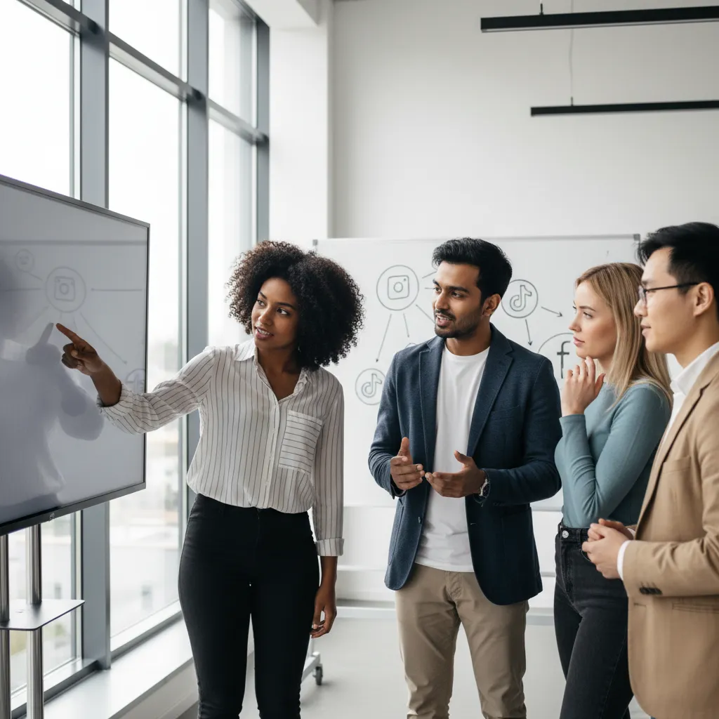 Junges Team in modernem Büro, diskutiert Social Media Strategie, Whiteboard mit Diagrammen, 1:1-Format