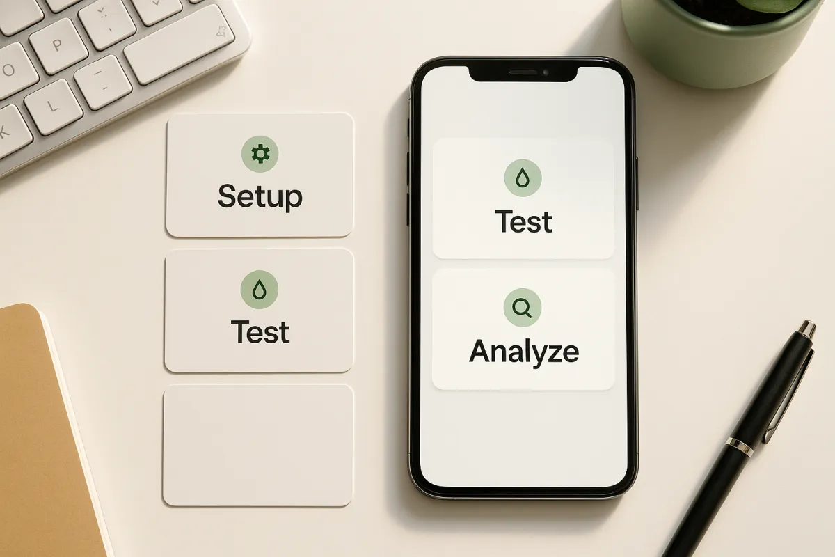 Fotorealistisches Flat‑Lay: Smartphone mit drei Step‑Karten (Setup, Test, Analyse) auf aufgeräumtem Schreibtisch