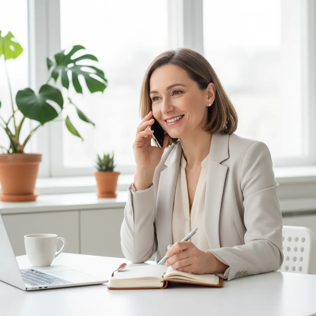 Business-Frau am Schreibtisch, telefoniert und notiert, modernes Büro, freundliche Atmosphäre, 1:1-Format