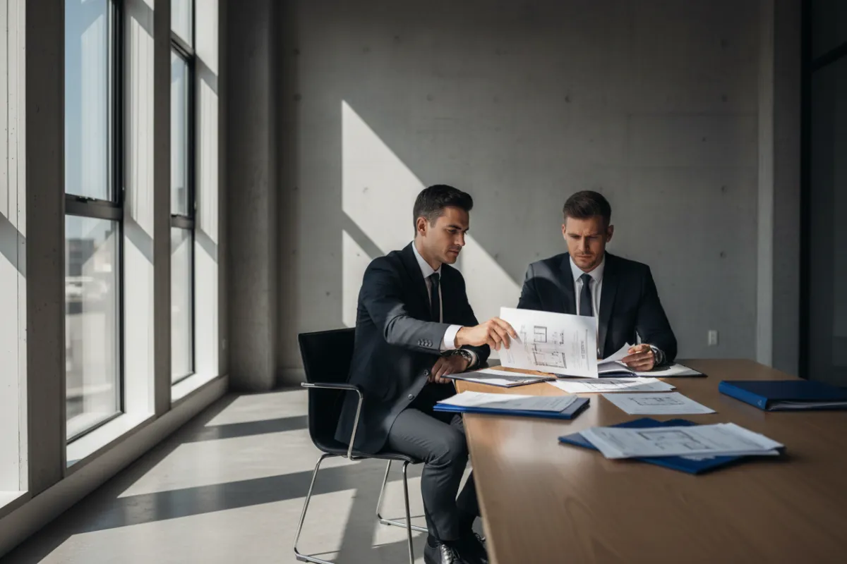 Two men seated across from each other at a table reviewing printed real estate documents; one slides a document toward the other in a bright, minimal office