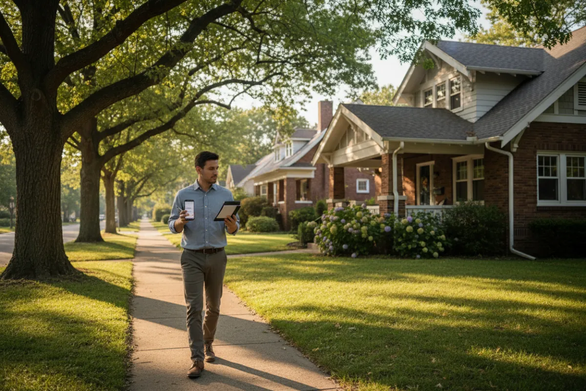 Person walking through a quiet residential neighborhood mid-morning, scouting homes and taking notes on a phone or notepad
