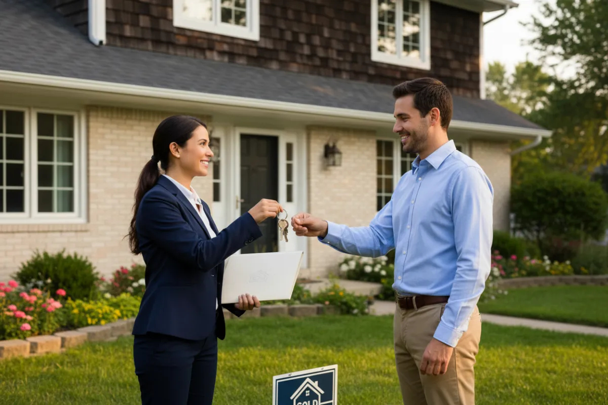 Licensed real estate agent in professional attire handing keys to a smiling client at the front door of a well-maintained suburban home with green lawn and natural daylight, conveying a completed transaction and trusted relationship