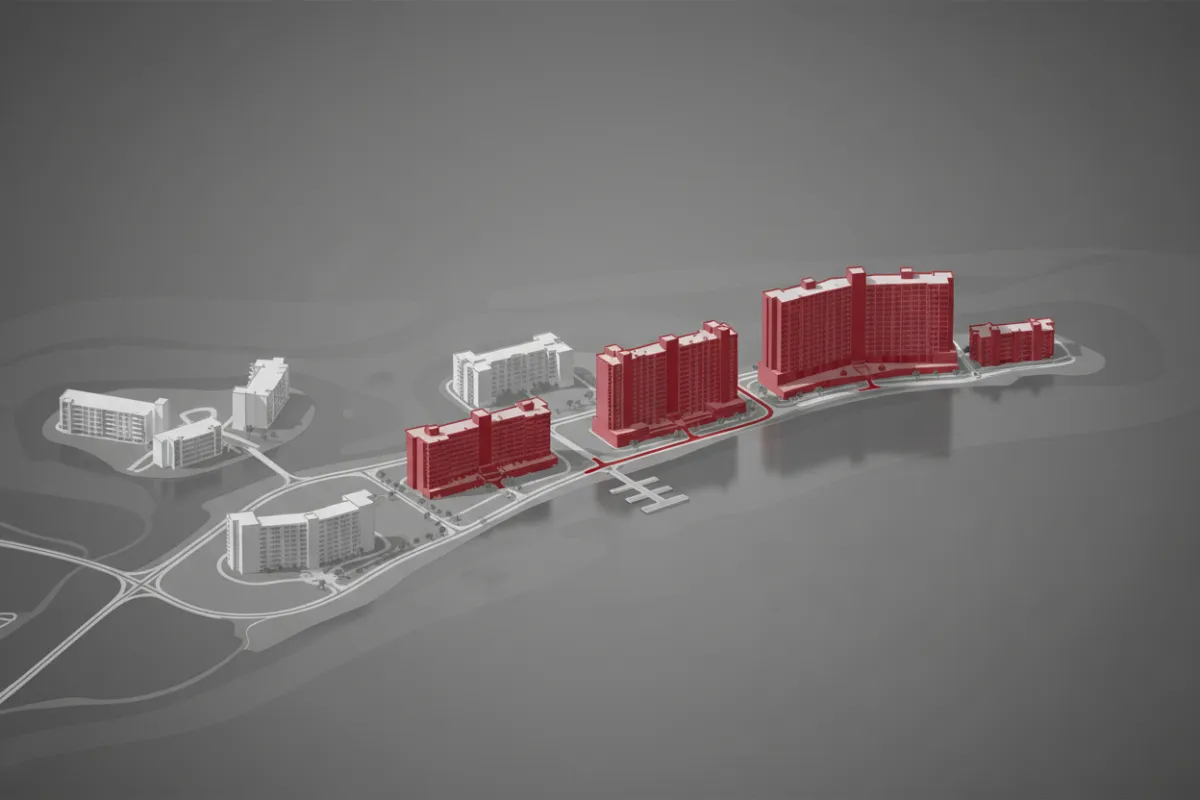 Stylized monochrome map of Orange Beach with localized red highlights