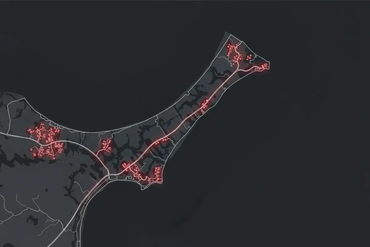 Stylized monochrome map of Fort Morgan with localized red highlights