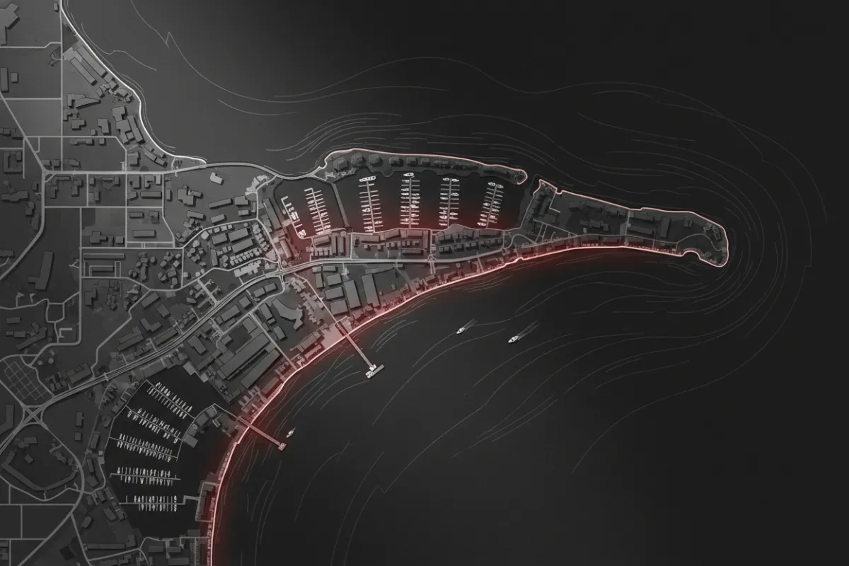 Stylized monochrome map of Gulf Shores with localized red highlights