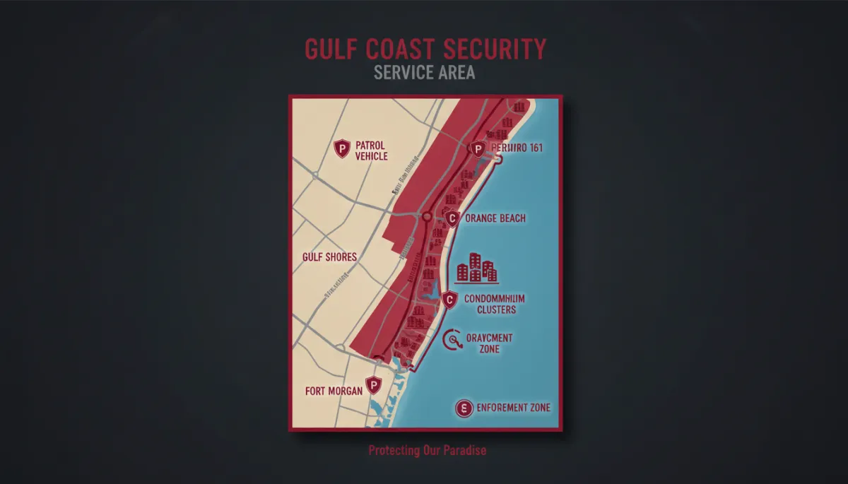 Map of Gulf Coast Security service areas including Gulf Shores and Orange Beach