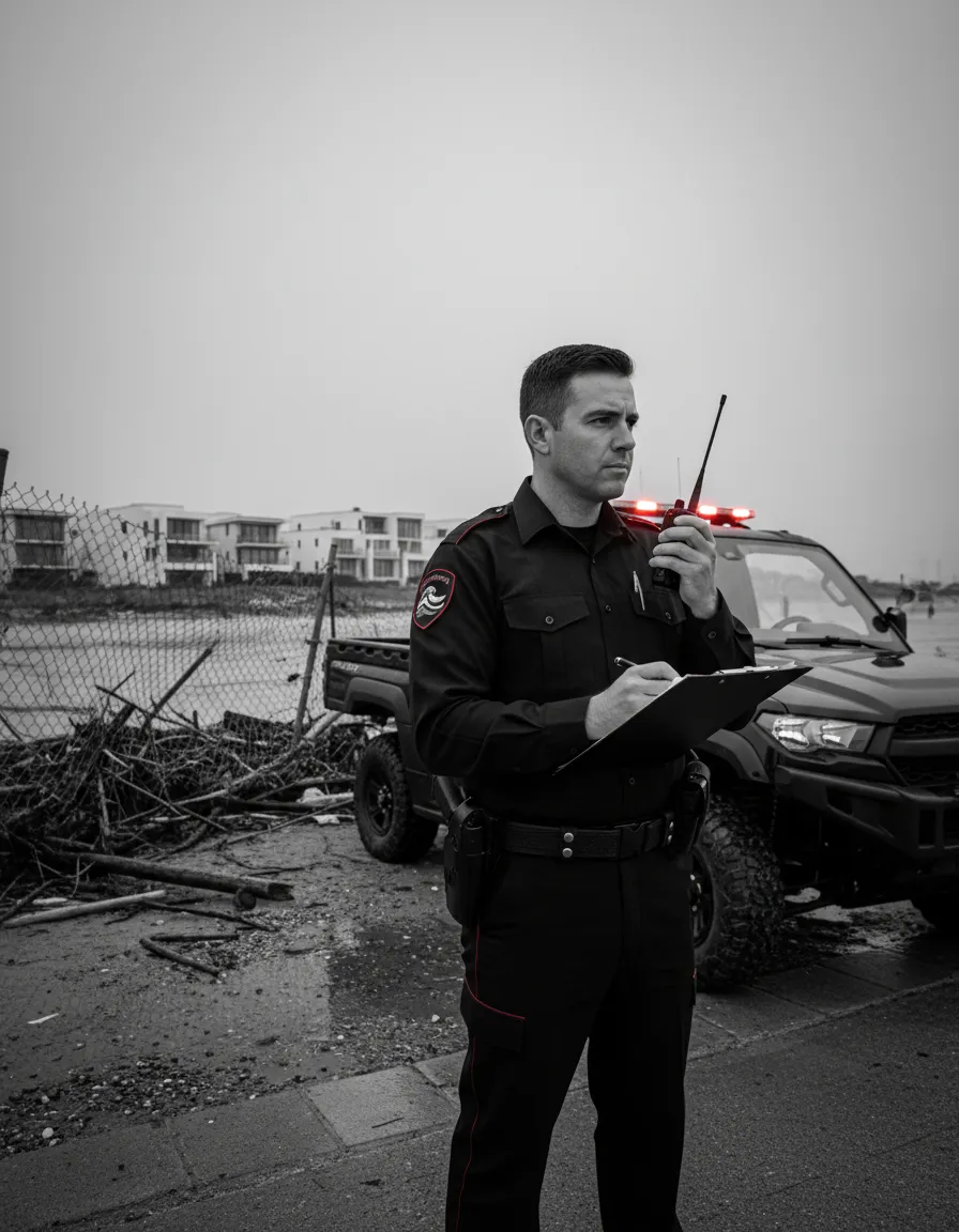 Professional security officer monitoring property perimeter and coordinating access after severe weather event