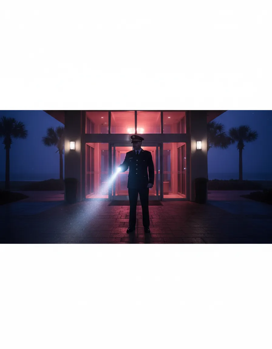 Professional Gulf Shores security officer conducting an after-hours property patrol to deter trespassing