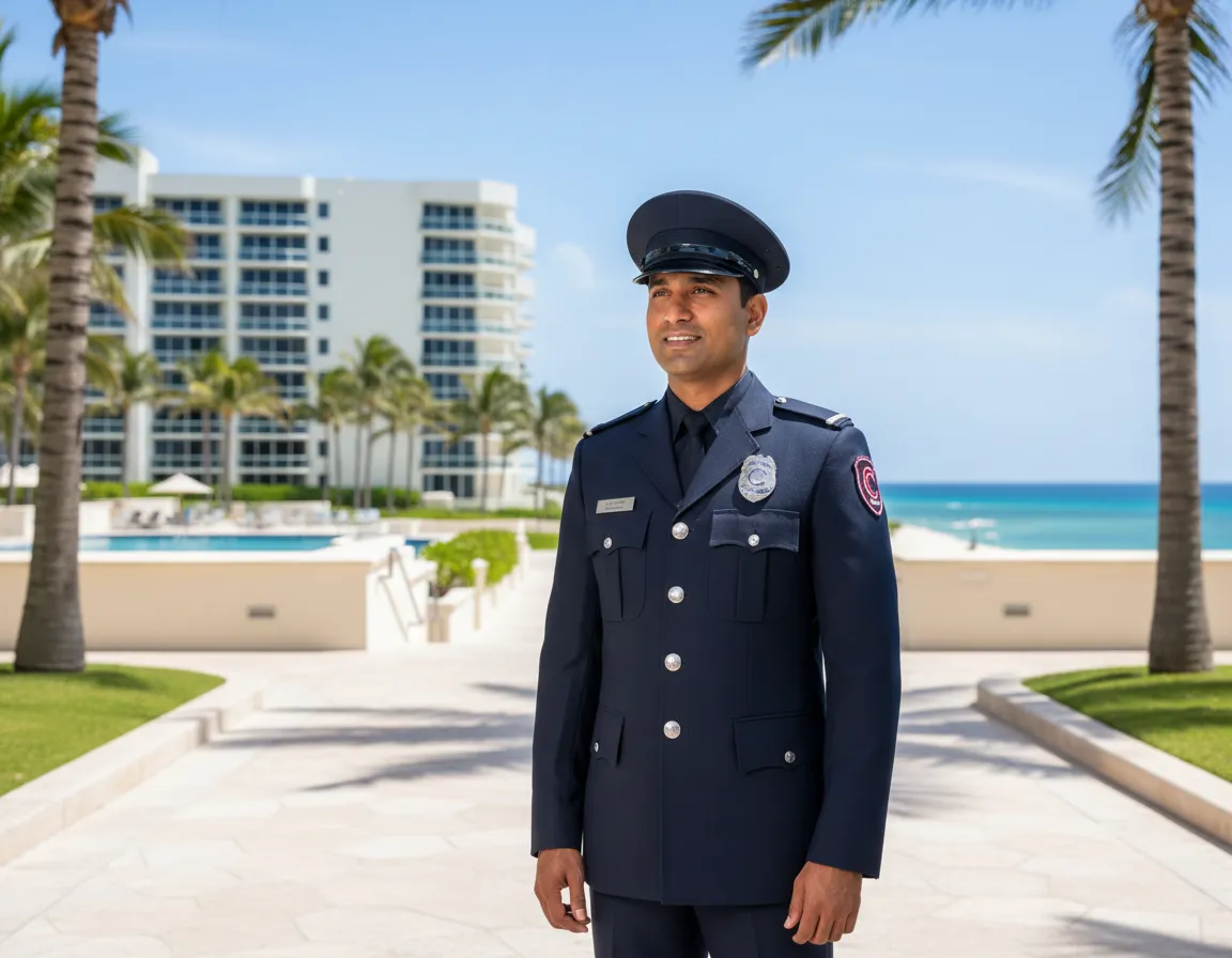 Professional security officer observing coastal property