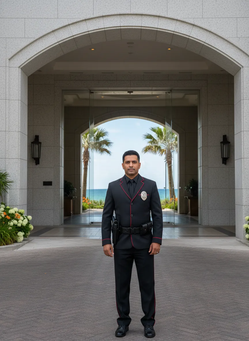 Professional security officer at luxury Orange Beach resort entrance