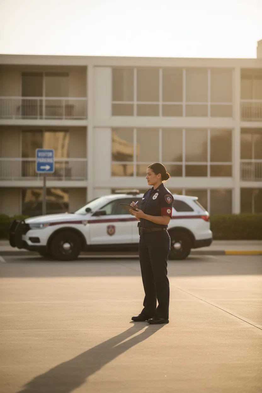 Professional security officer documenting a parking violation at a coastal condominium