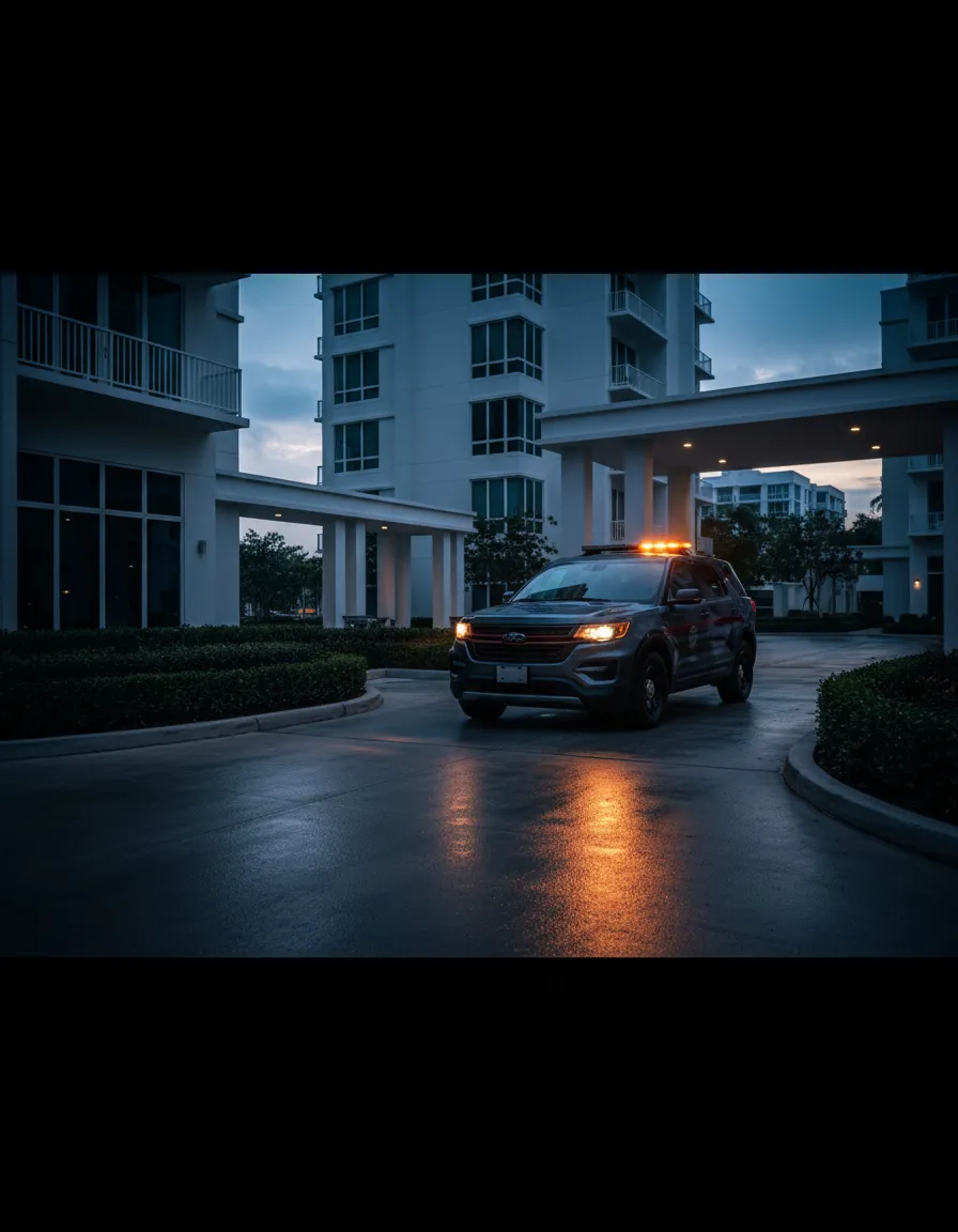 Marked professional security patrol vehicle conducting a property inspection