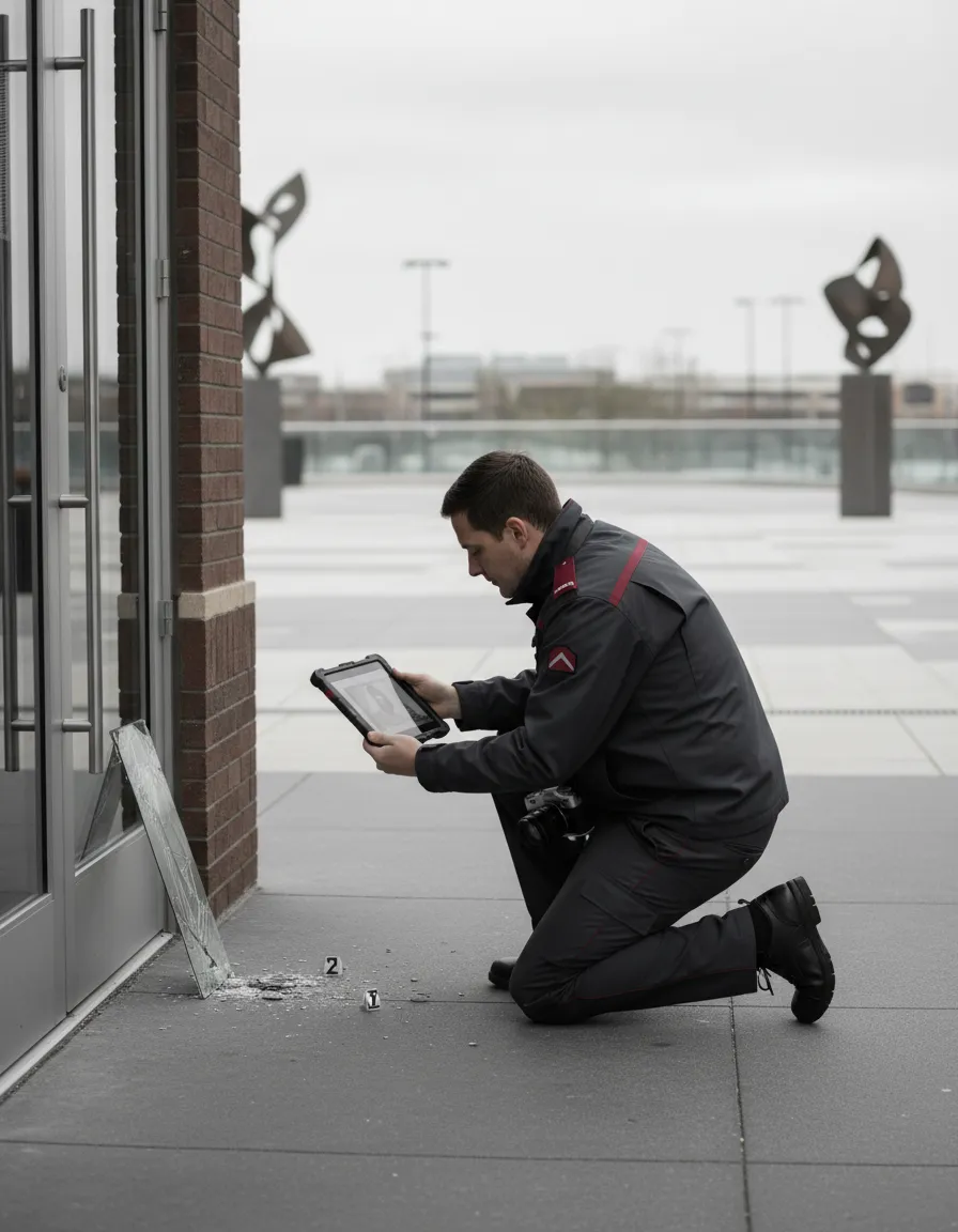 Security officer documenting property damage for restoration support