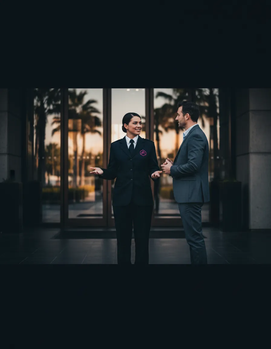 Professional security officer clearly communicating with a property manager
