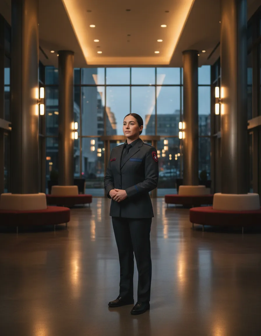 Professional security officer observing a commercial environment with focus