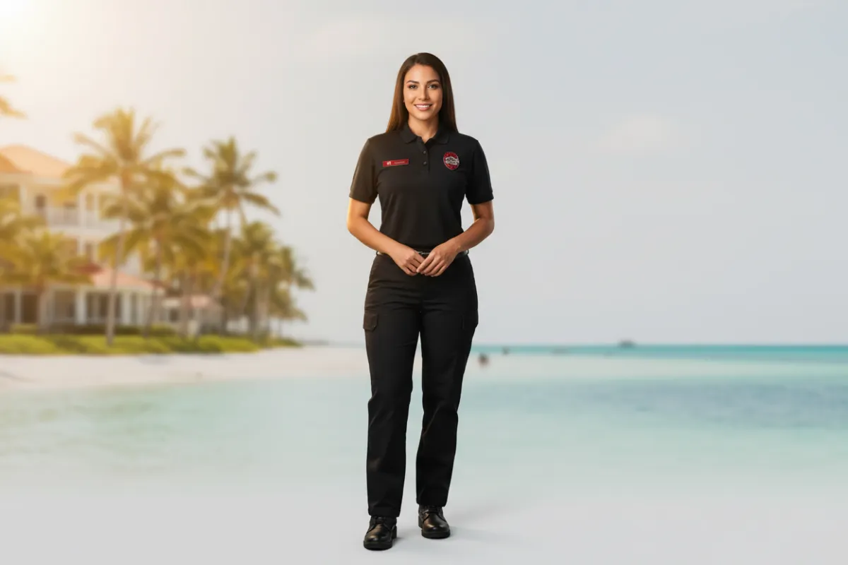 Security professional observing coastal property