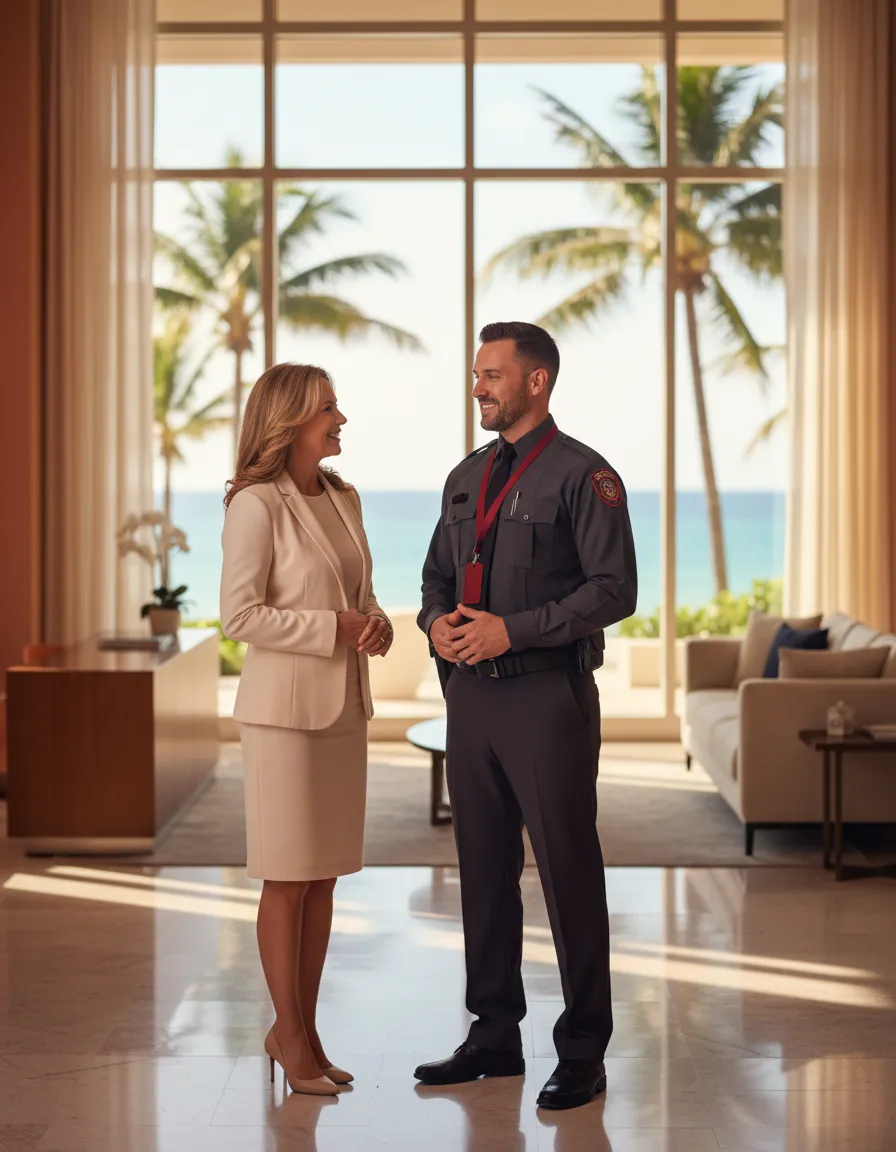 Professional security officer speaking with a property manager in a sunlit resort lobby